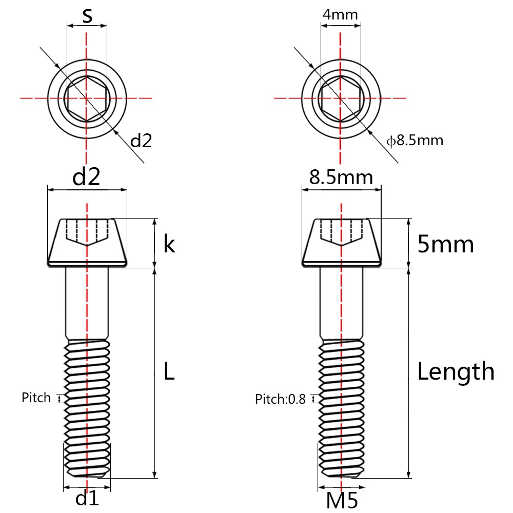 Titanium bout M5/M6x8 10 12 15 16 18 20 25 30mm Halfronde kop zeskantschroef voor fietsfleshouder