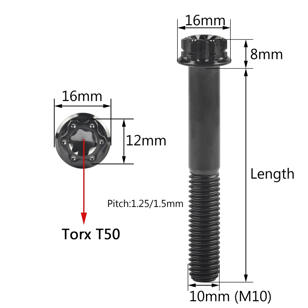Titanleglegierungsschrauben M10 T50 Torx Pitch1.25/1,5mm Flanschschraube, Schwarz, P1.25mm, M10x15mm