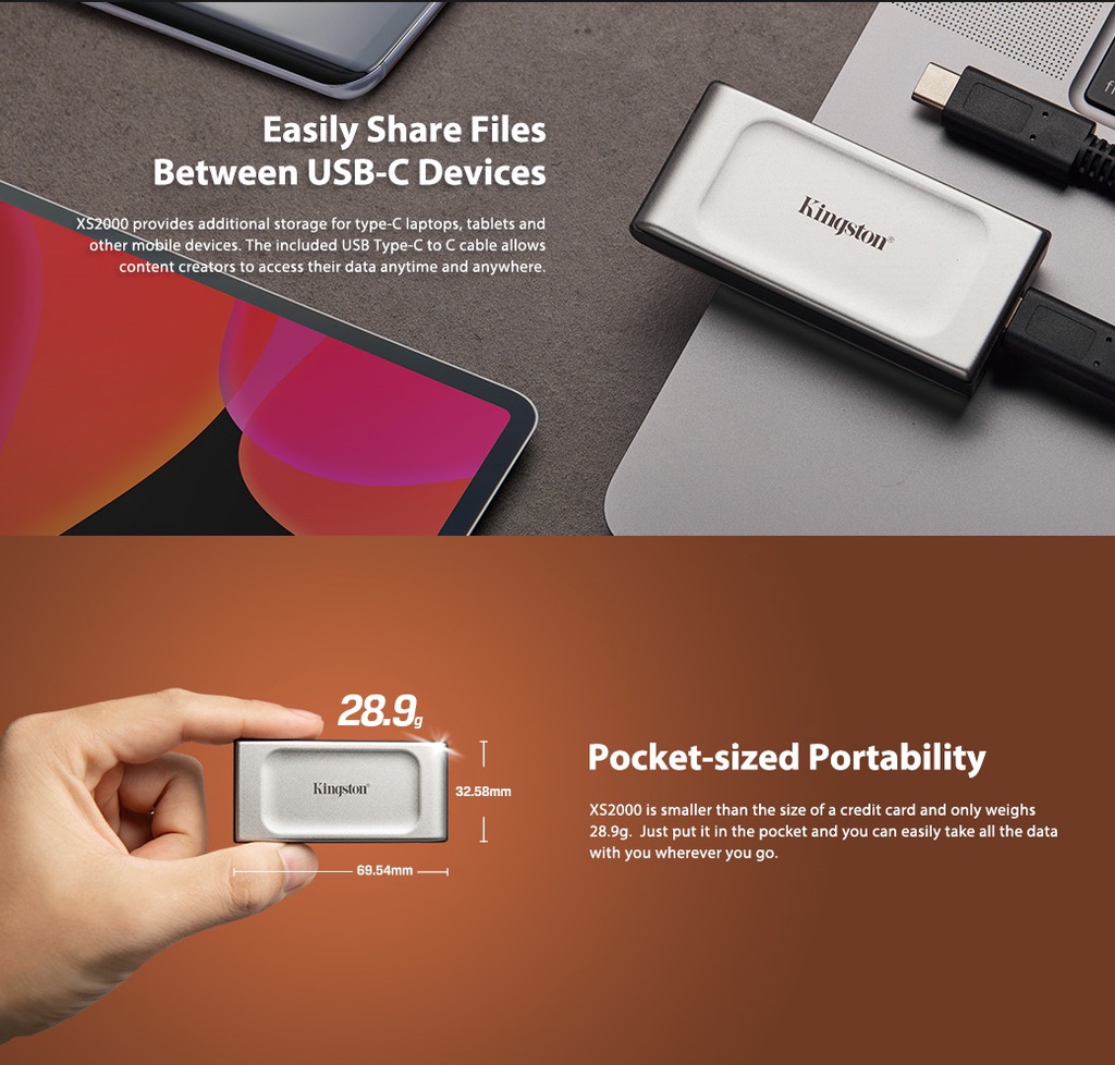 Kingston XS2000 External Solid State Drive SSD USB Type-C 3.2 Gen 2x2 ...