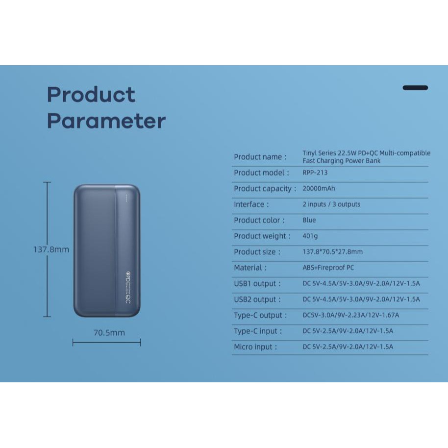 Remax RPP-213/RPP-212 Tinyl Series QC22.5W + PD20W Led Light Powerbank ...