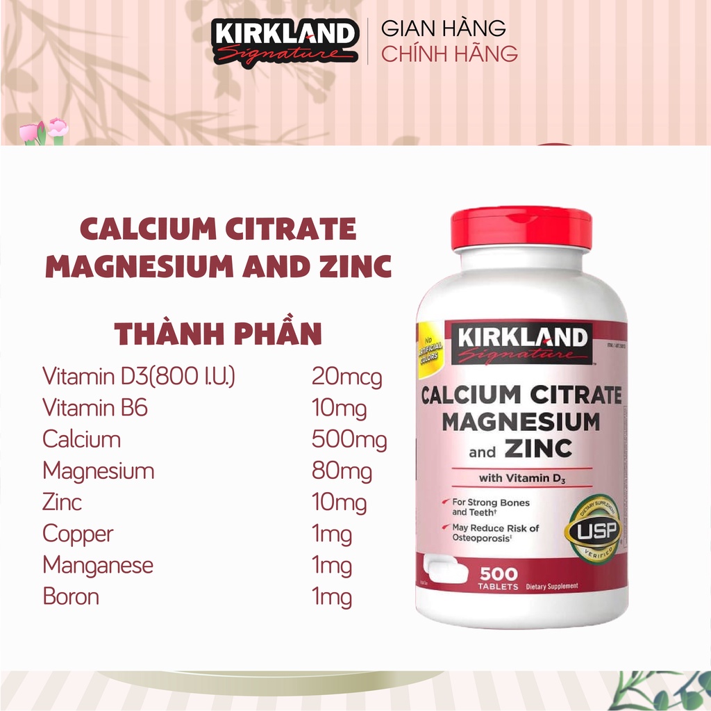 Kirkland Signature Calcium Citrate Magnesium And Zinc 500mg 500 tablets