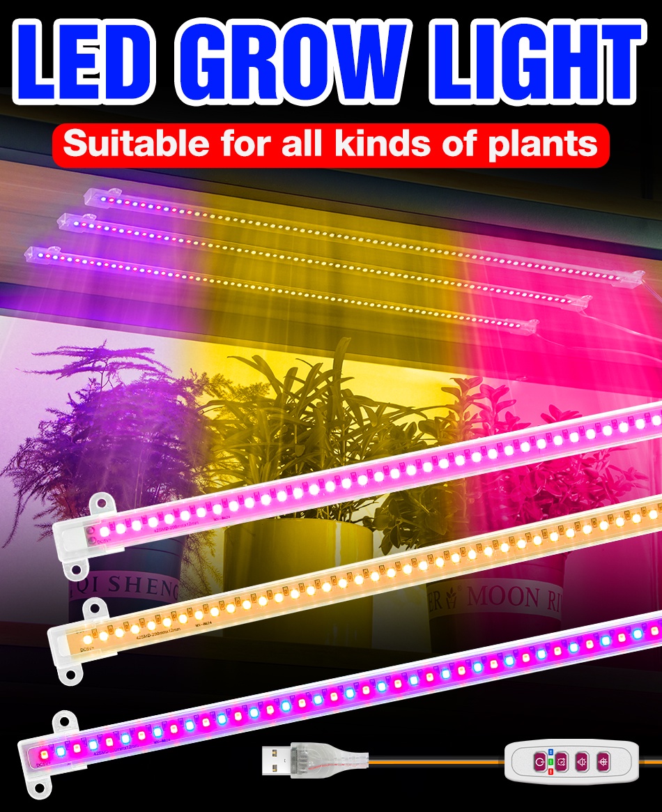 Full Spectrum LED Plant Grow Light Tube USB Dimmable Timing Indoor ...