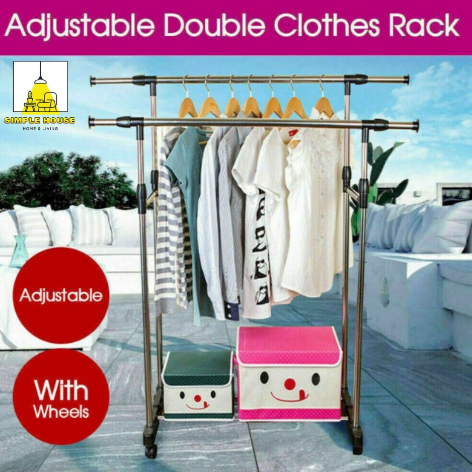 【𝗠𝗔𝗧𝗘𝗥𝗜𝗔𝗟 𝗦𝗧𝗘𝗘𝗟】SIMPLE DOUBLE POLE Adjustable Garment Rack Wheel / Rak ...