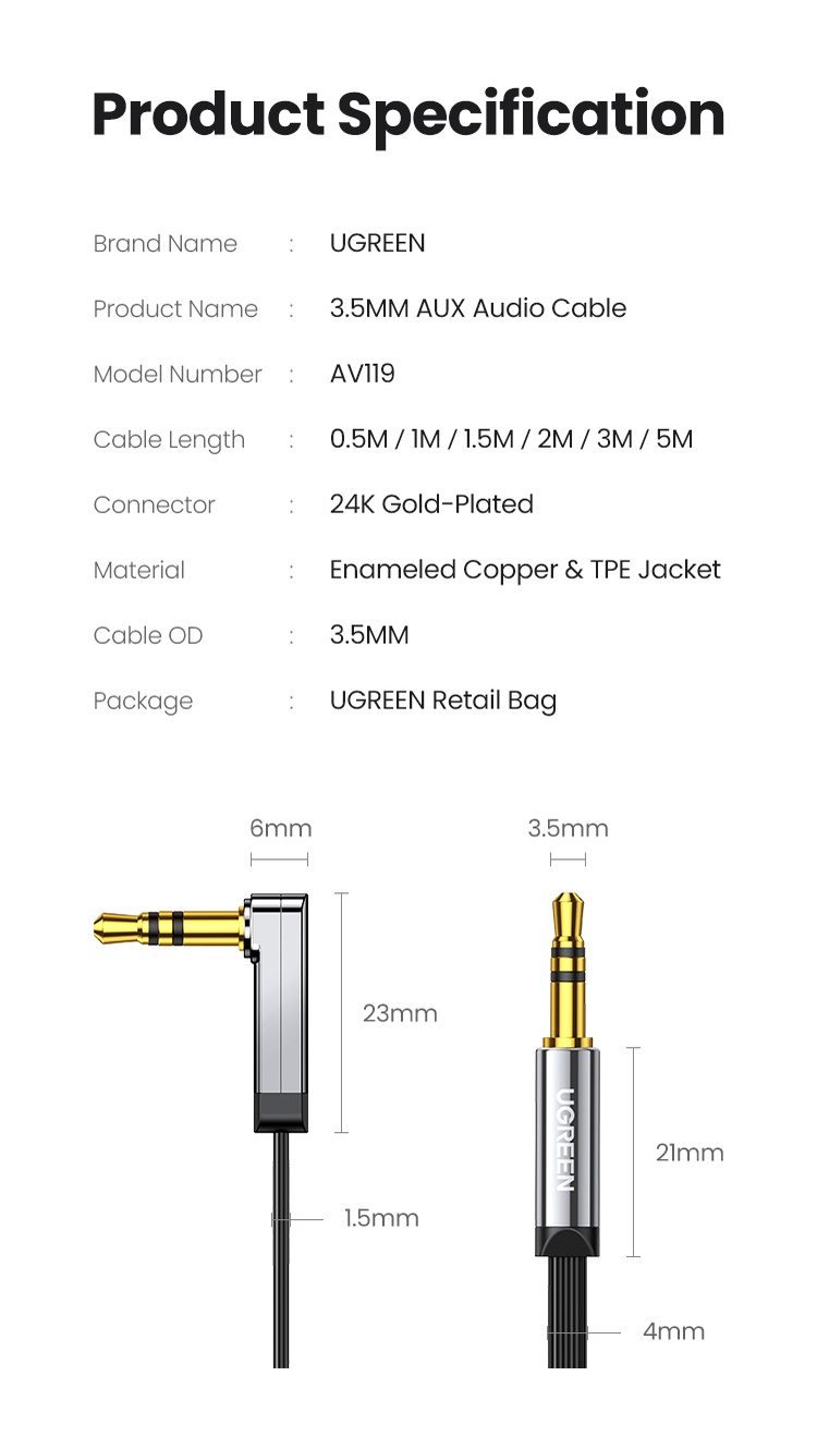 UGREEN 90 Degree Right Angle Audio Jack Cable for Car Speaker (3.5mm