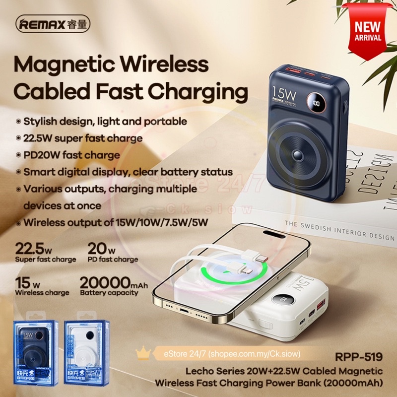 Remax RPP 519 527 20000mAh PD QC 20W 22.5W Cable Magnetic Wireless ...