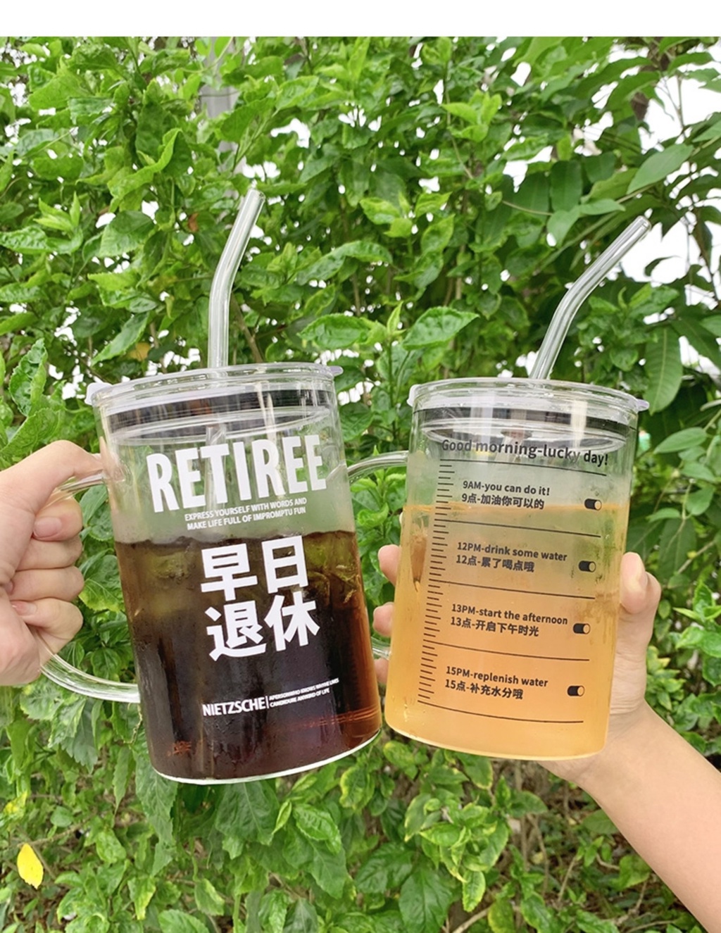 🦁 1000ml INS Style Glass Cup With Lid and Glass Straw Cold Heat