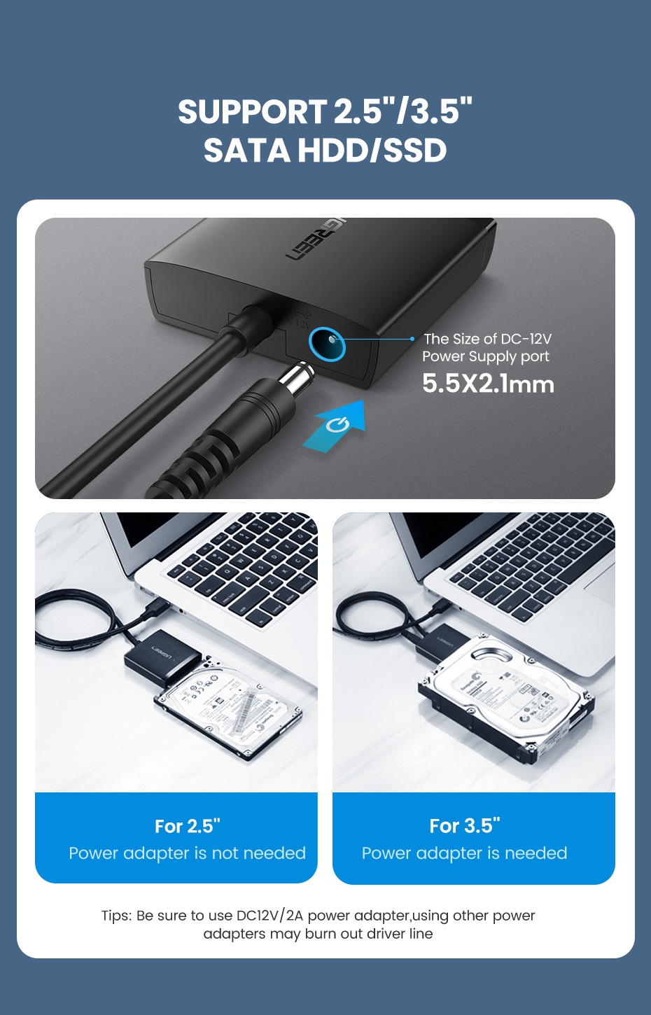 WEme USB 3.0 to SATA Converter Adapter for 2.5 3.5 Inch Hard Drive Disk SSD  HDD, Power Adapter and USB 3.0 Cable Included