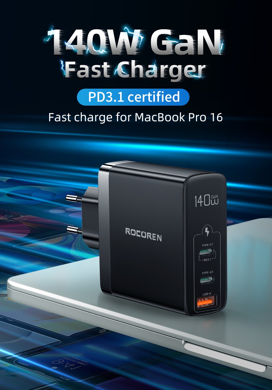 Rocoren Gan Usb Charger Type C Pd Qc Quick Charge Usbc Fast