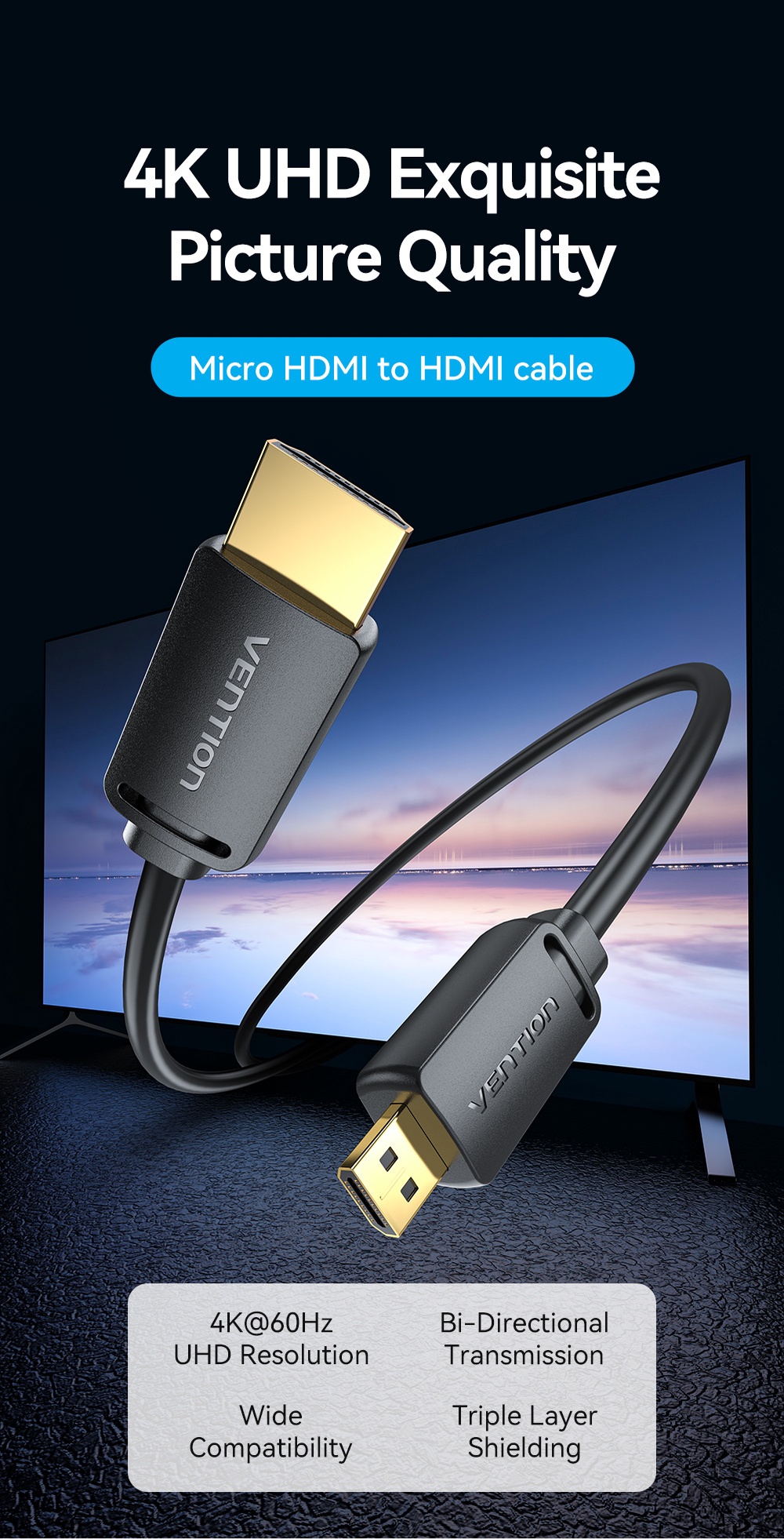 Vention HDMI Cable Micro HDMI to HDMI Cable 4K 60HZ UHD Video Cable For