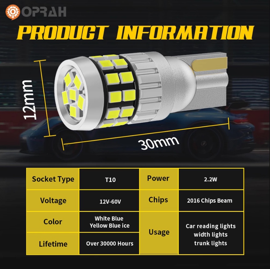 Oprah 2pcs W5W LED T10 Lights 12V-60V For Car Truck Interior Bulbs High ...