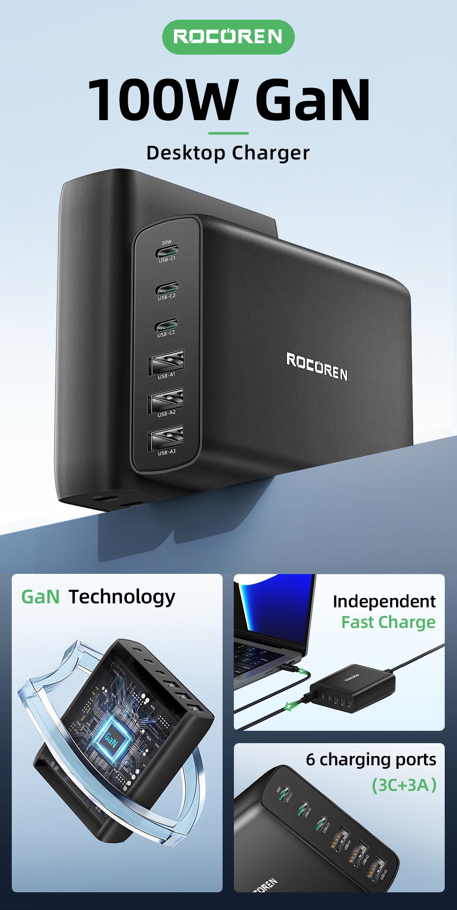 Rocoren Gan Charger Ports Usb Type C Pd Fast Charger Quick Charge