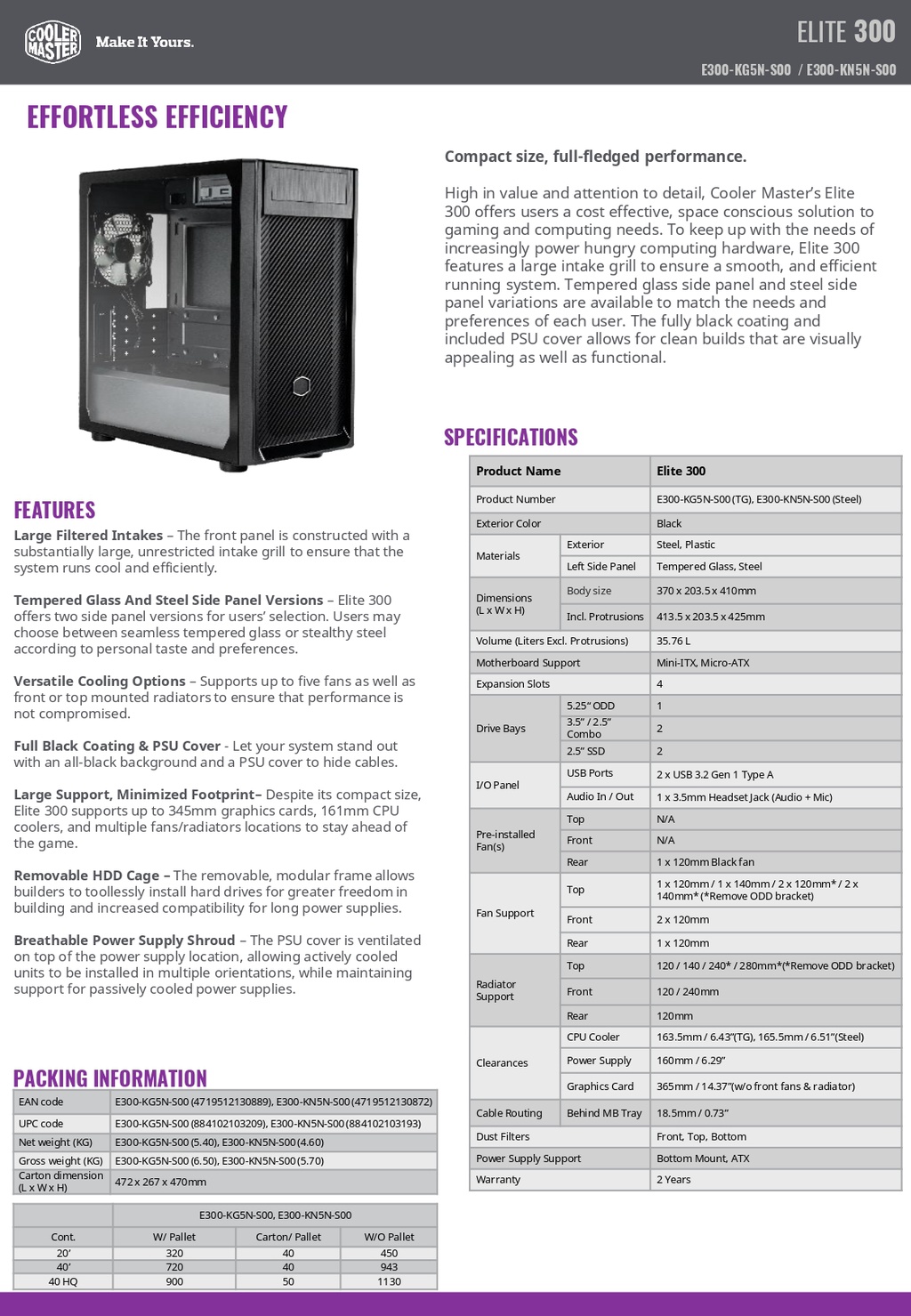 COOLER MASTER CM-E300-KG5N-S00 Elite 300 With ODD TG/Steel MATX Casing ...