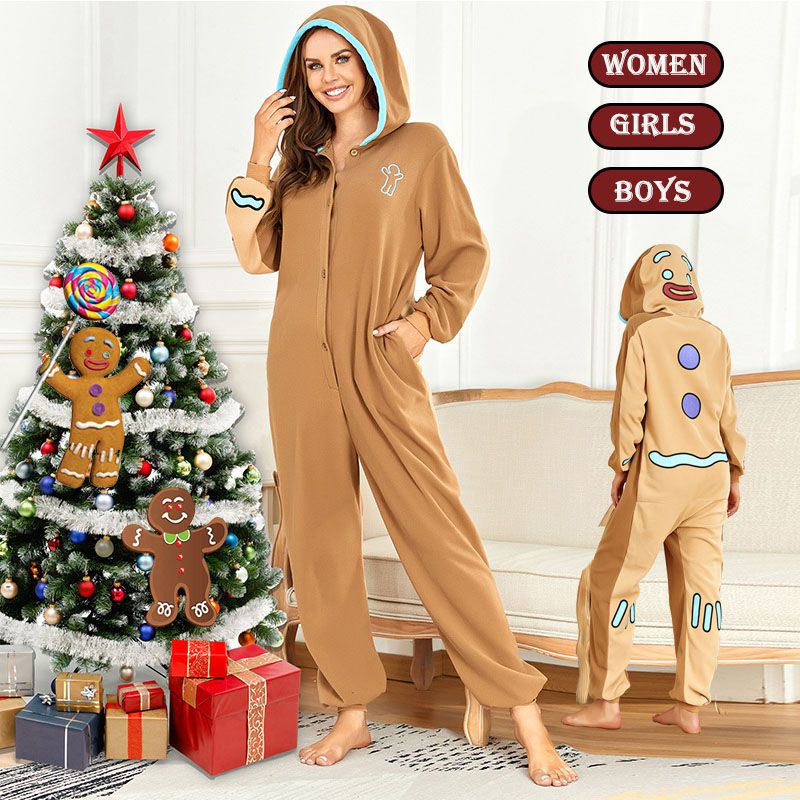 Gingerbread Man Onesies Hooded Pajamas Women Boys Girl Cosplay Costume