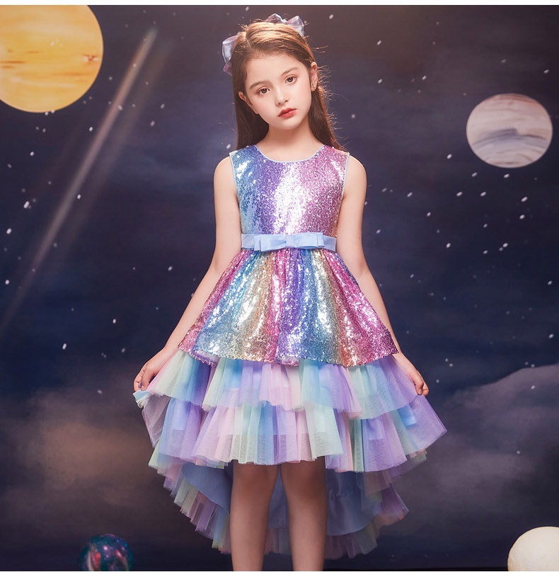 Girls Fantasy Sequin Princess Dress Kids Trailing Rainbow Color Dresses ...