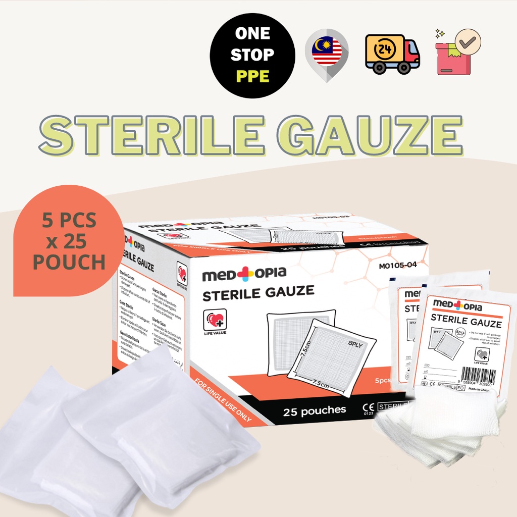 [OneStopPPE] High Quality Sterile Gauze 7.5cm x 7.5cm, 8 Ply (25 POUCH ...