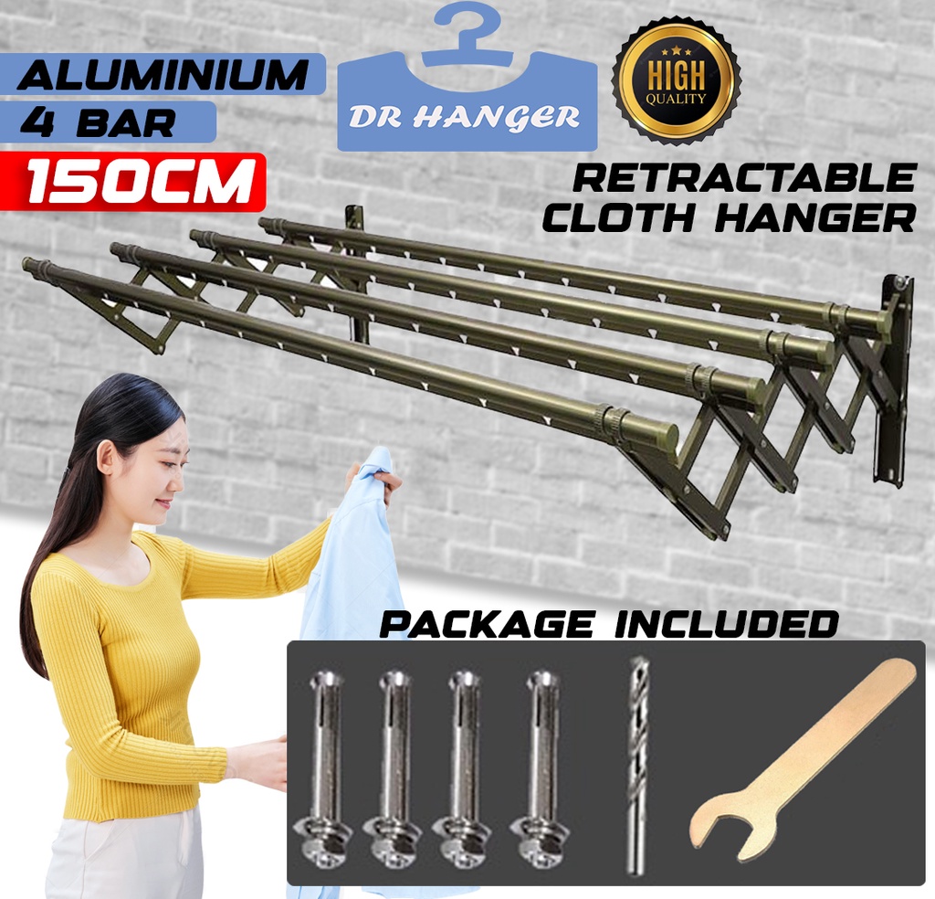 150CM X 4 BAR Foldable Clothes Drying Rack Outdoor Wall Mounted