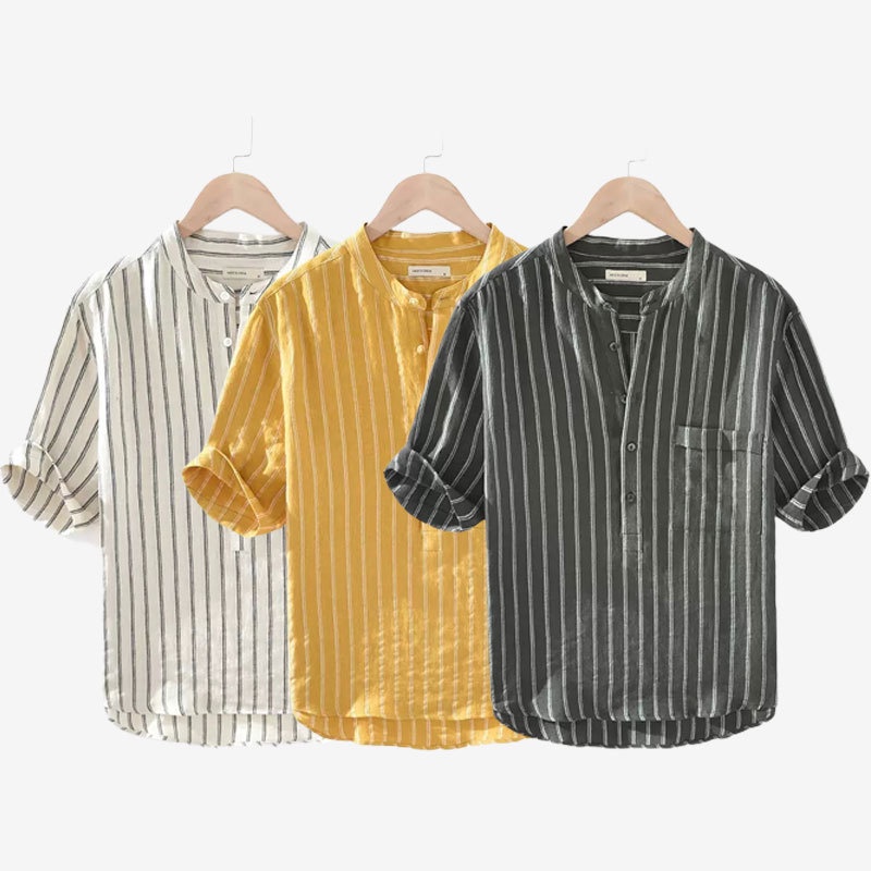 Mandarin Collar Shirt Men Stand Collar Stripe Casual Pullover Chinese ...