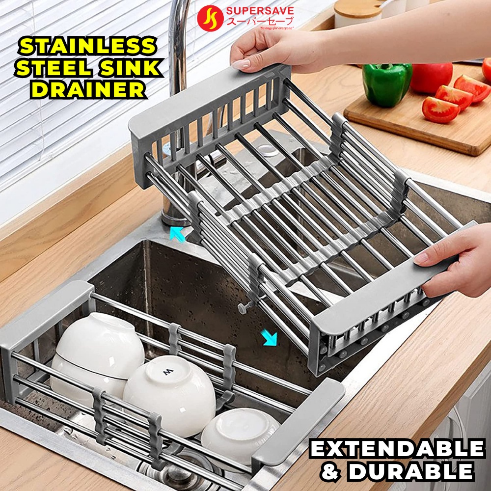 SUPERSAVE Extendable Stainless Steel Sink Drainer Kitchen Dish Rack Rak ...