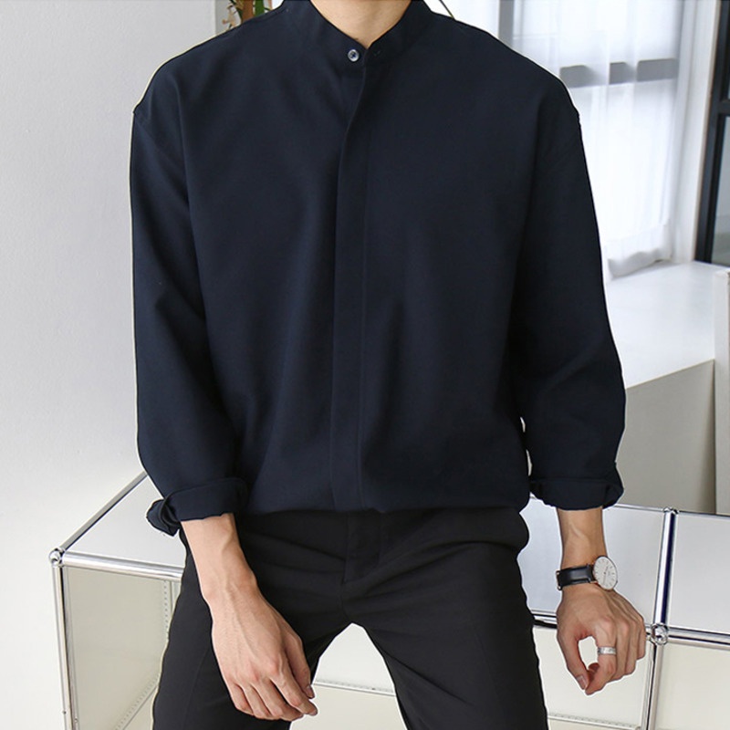 Black Mandarin Collar Shirt Men Korean Loose Plain Color Fashion All ...