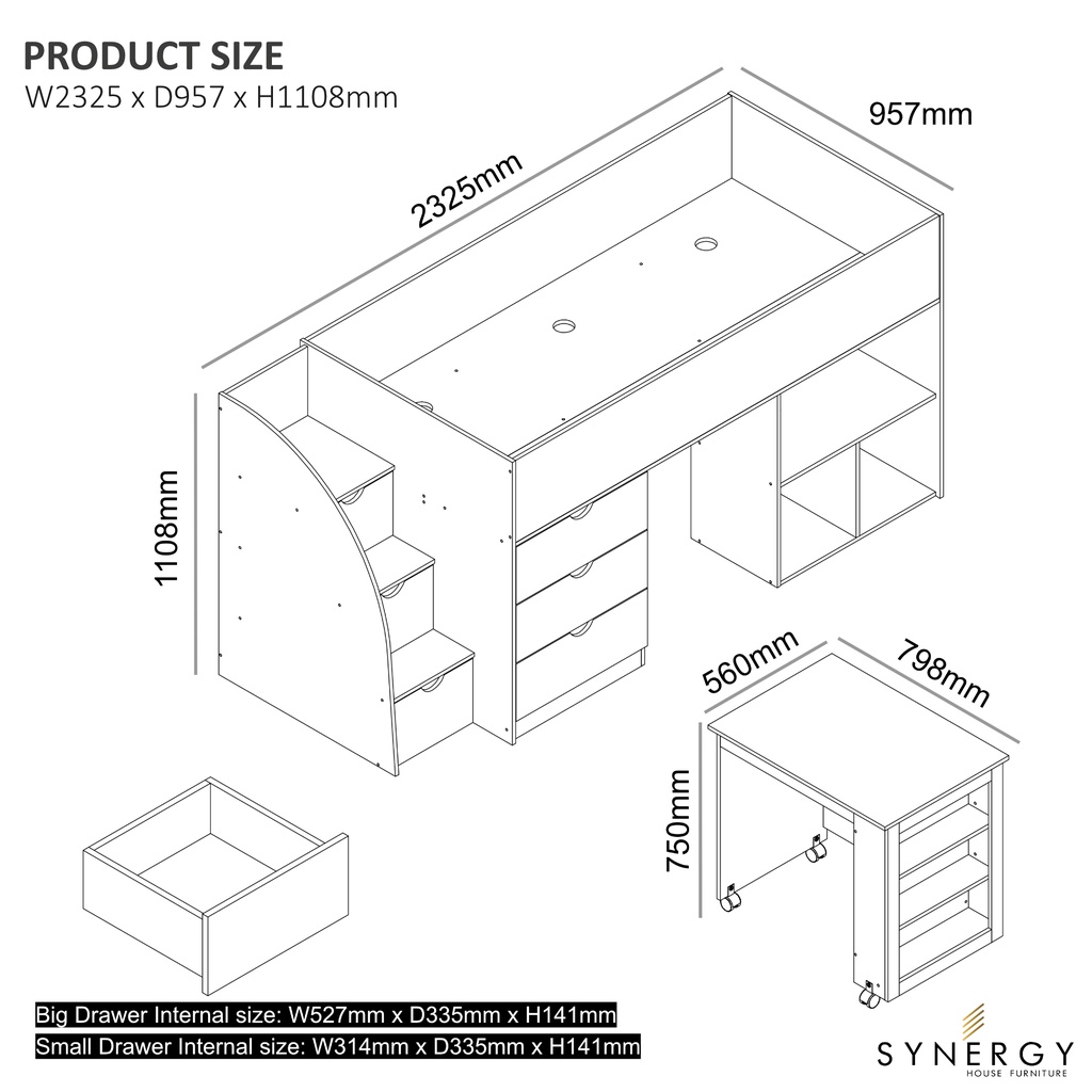 Synergy House Mico Mid Sleeper bed Kid Bedframe with Multifunction