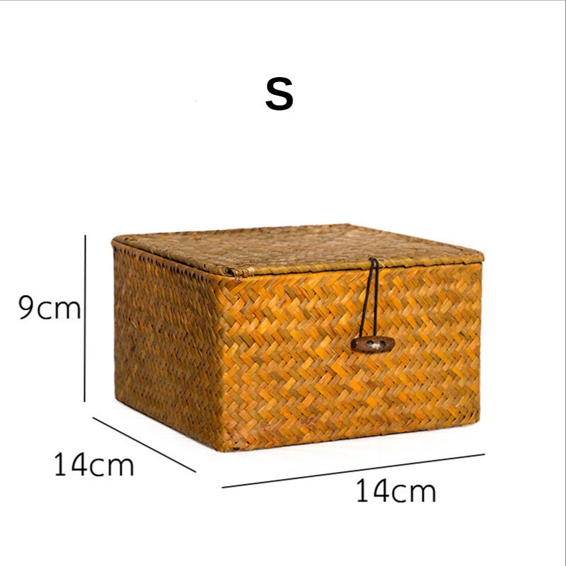 Straw Rattan Storage Basket With Lid Square Wicker Storage Box Storage