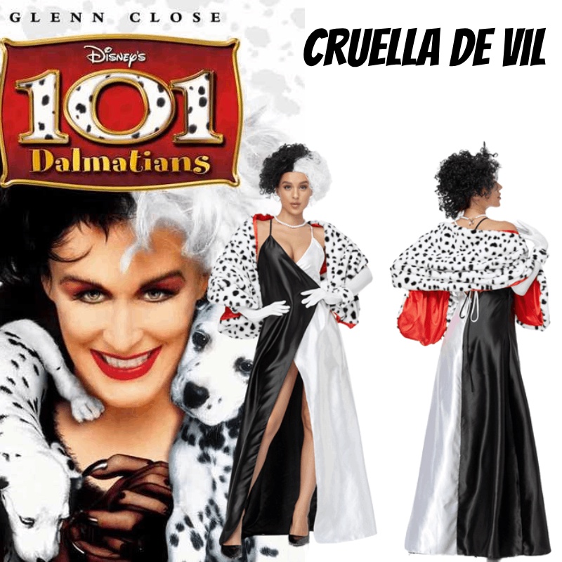 Costume Cruella De Vil Halloween - Perruque Noire Et Blanche, Masque, Gants, Collier - Ensemble Cosplay Femme