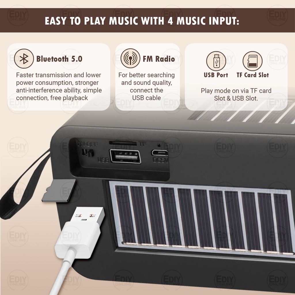 DUAL SOLAR + FM RADIO + TORCH LIGHT LED WIRELESS USB BLUETOOTH SPEAKER ...