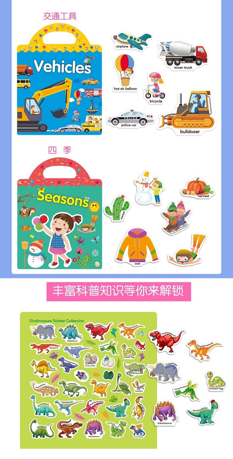 Kids Reusable Static Sticker Book Theme Cartoon Puzzle Early English ...