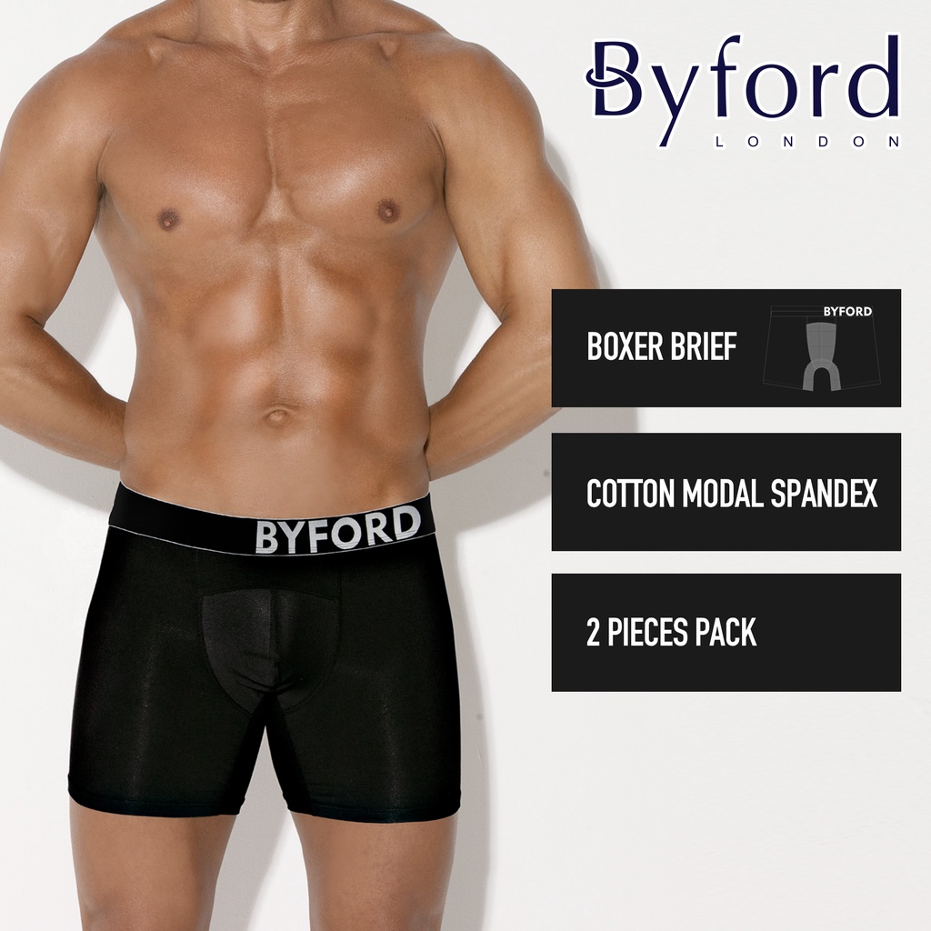 (2 Pcs) Byford Mens Cotton Modal Boxer Brief Underwear Assorted Colour ...
