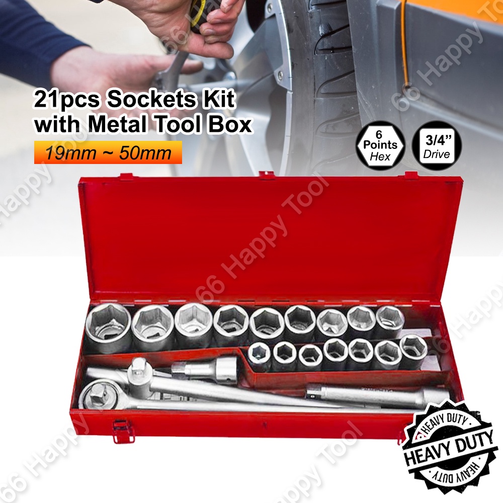 21pcs Heavy Duty 3/4" Inch Hex Sockets Set With Metal Box Spanner Extension Bar Sliding Wrench 6