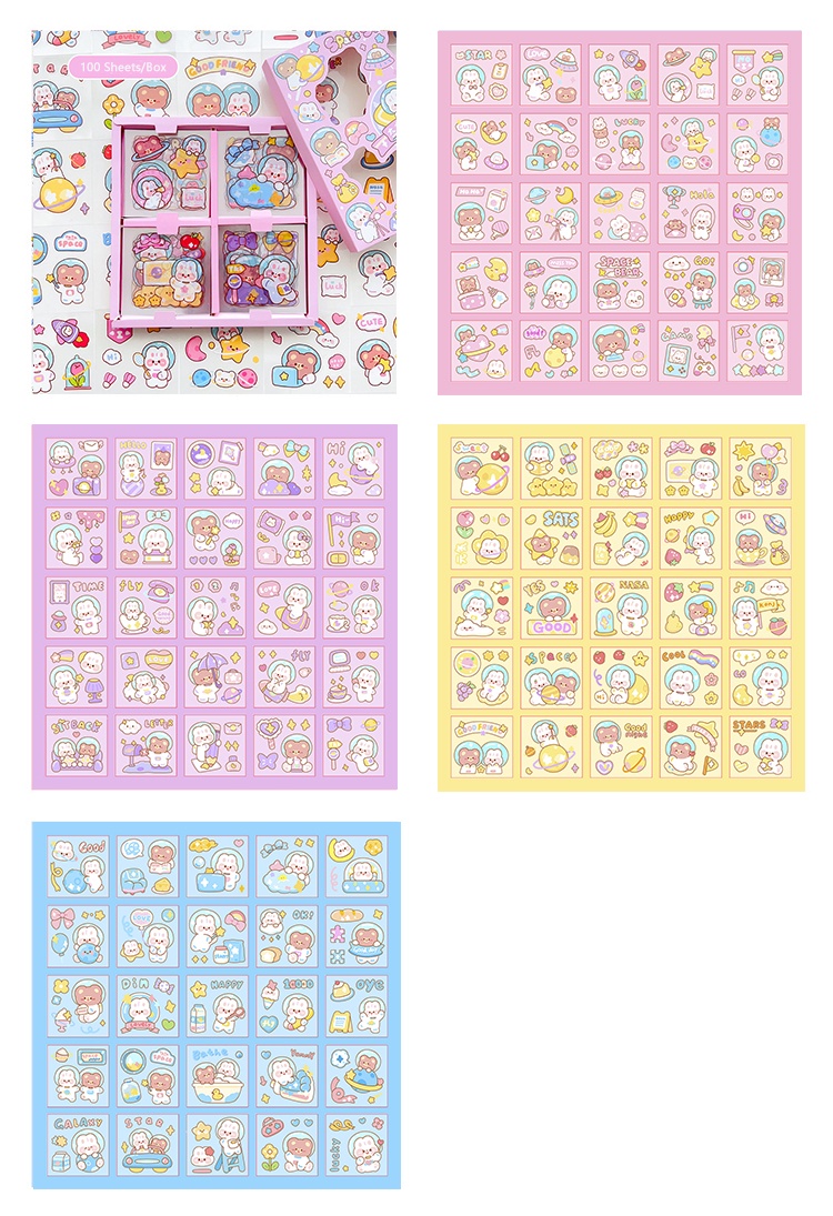 100 Sheets Boxed Cartoon Space Series Stickers Student Lovely Diary ...