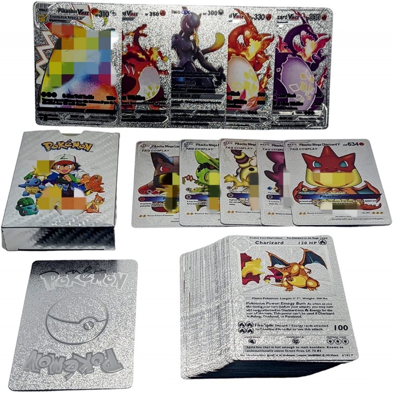 55PCS Metal Gold Silver Pokemon Cards English Version Pikachu