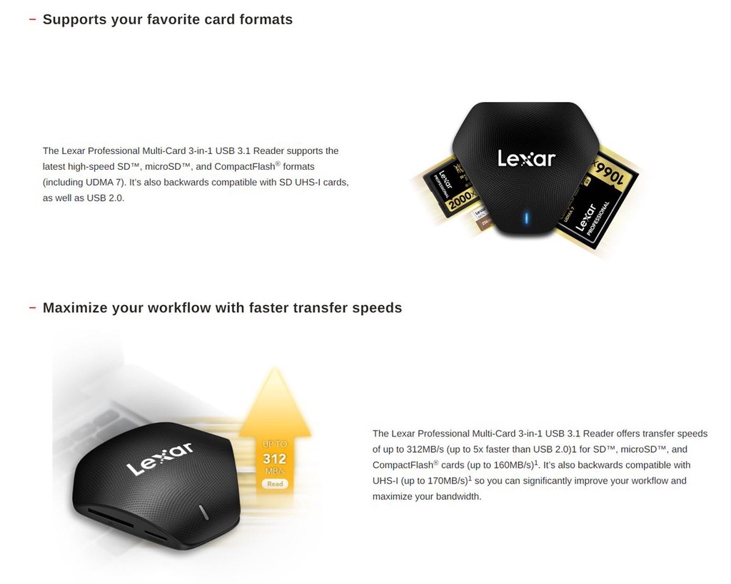 Lexar RW500 Multi-Card 3-in-1 USB 3.1 Card Reader USB 3.1 Type-C (SD ...