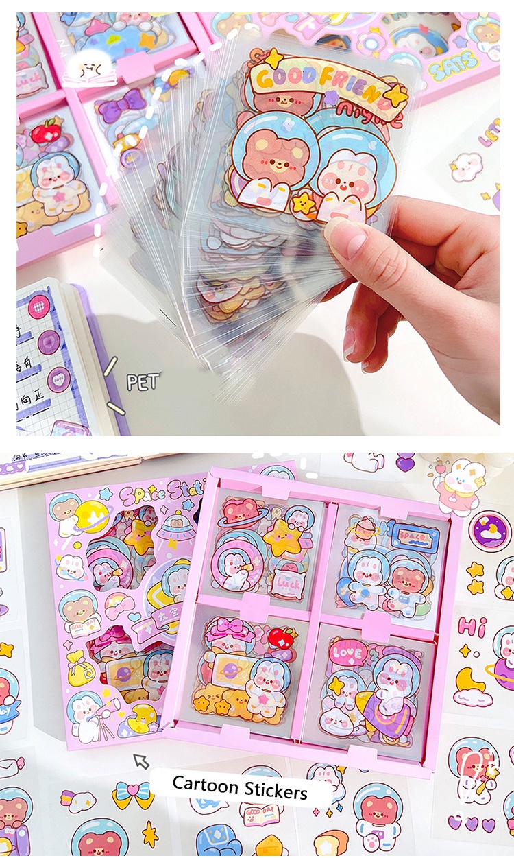 100 Sheets Boxed Cartoon Space Series Stickers Student Lovely Diary ...
