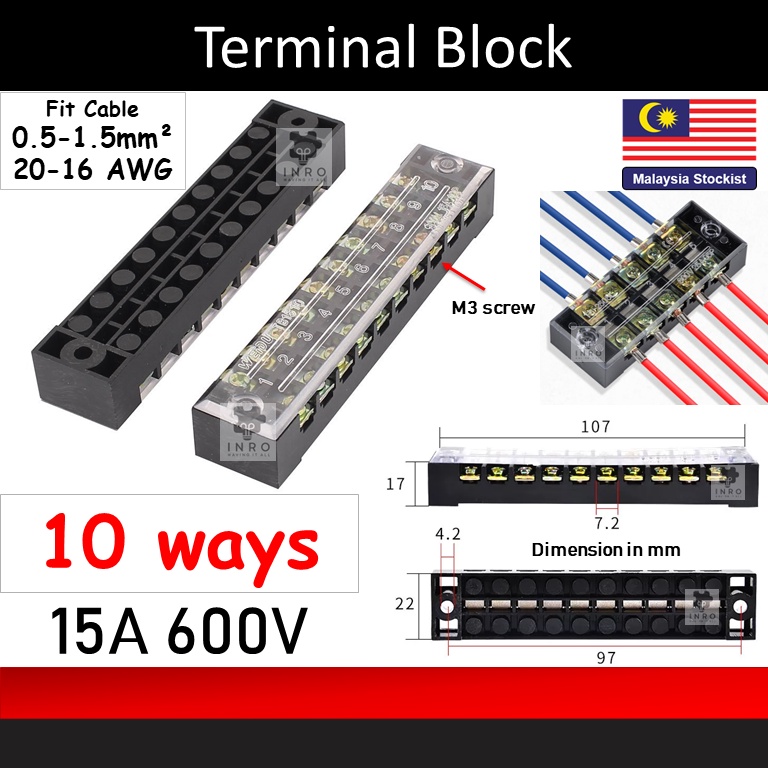 15A 600V TB1510 10ways 10P Terminal Block Connector Strip Shopee Malaysia