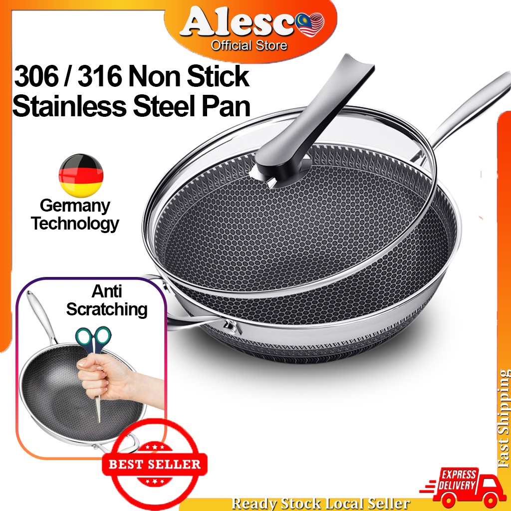 Alesco Non-stick Pan with Lid Wok 316 Stainless Steel Kuali Honeycomb ...