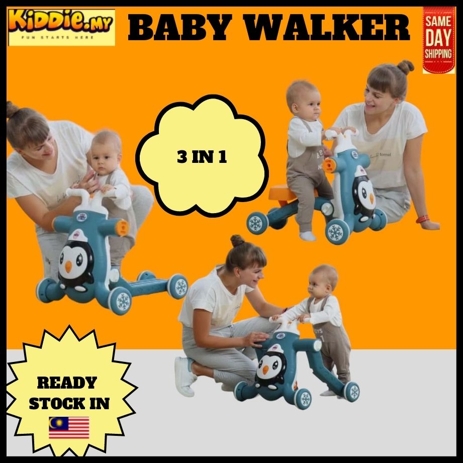 KIDDIE 3 in 1 Musical Push Baby Walker Safety Adjustable Height Scooter