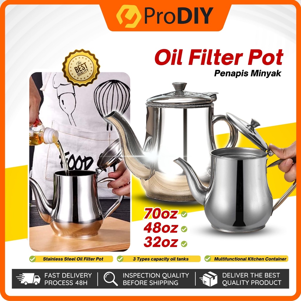 24 / 32 / 48 / 70oz Stainless Steel Oil Filter Pot Strainer and Spout