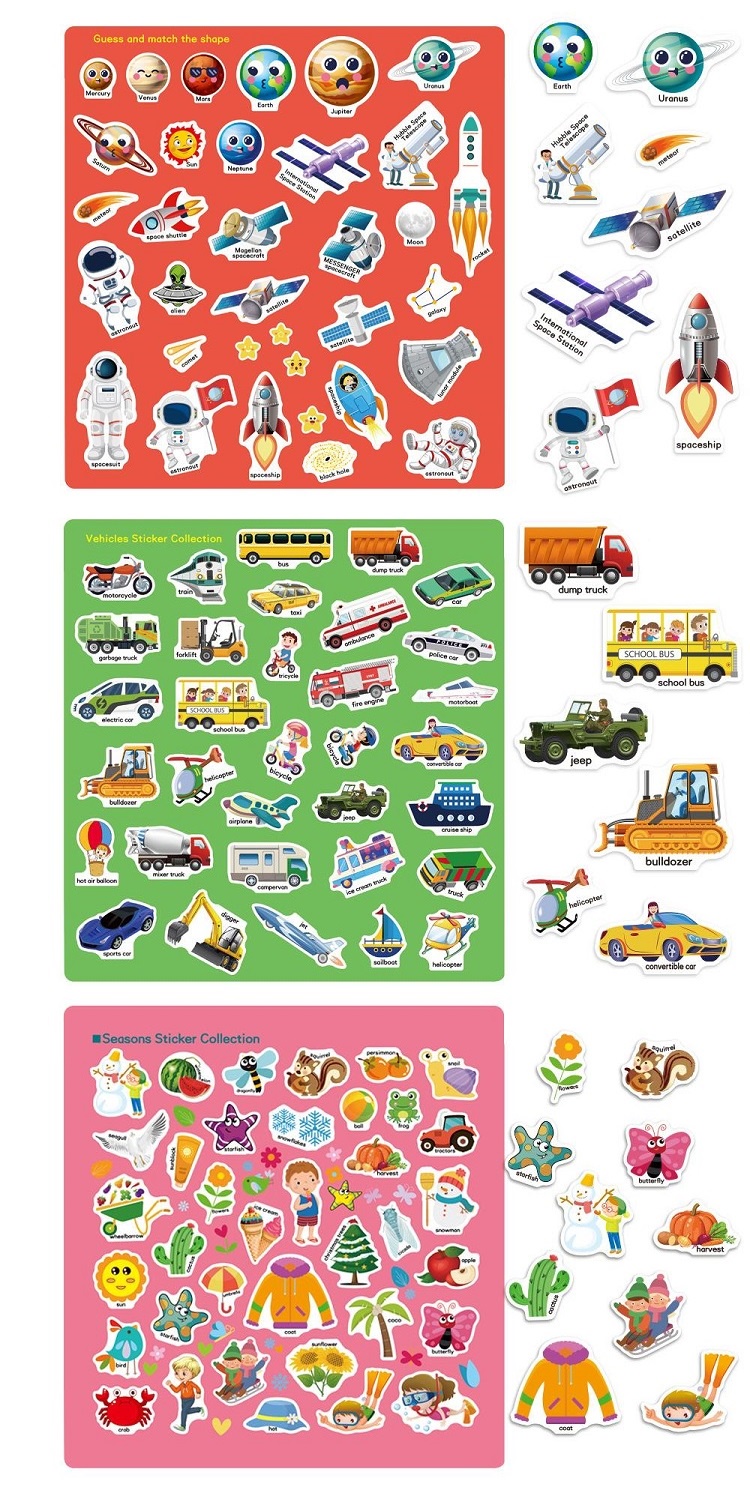 Kids Reusable Static Sticker Book Theme Cartoon Puzzle Early English ...