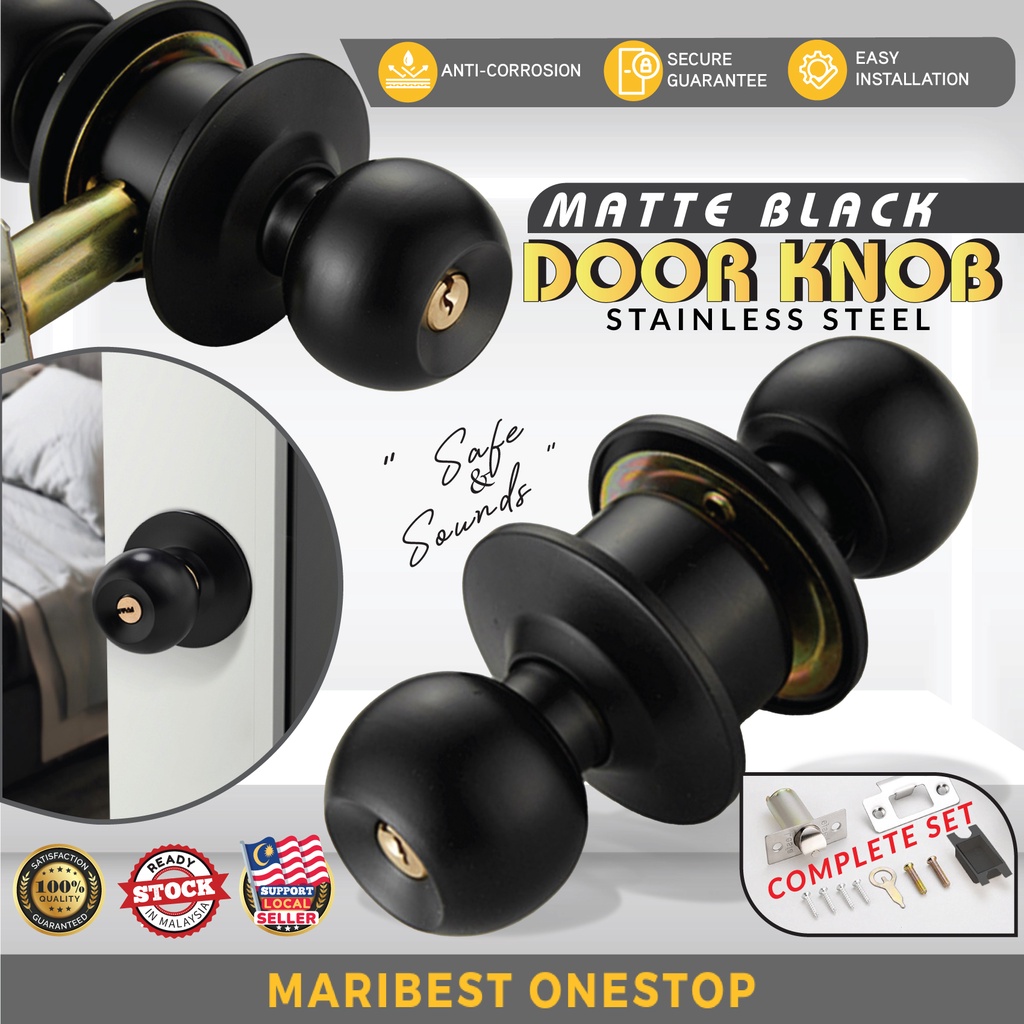 Matte Black Door Knob Stainless Steel Cylindrical Bedroom Bathroom Door Lock Set Tombol Hitam
