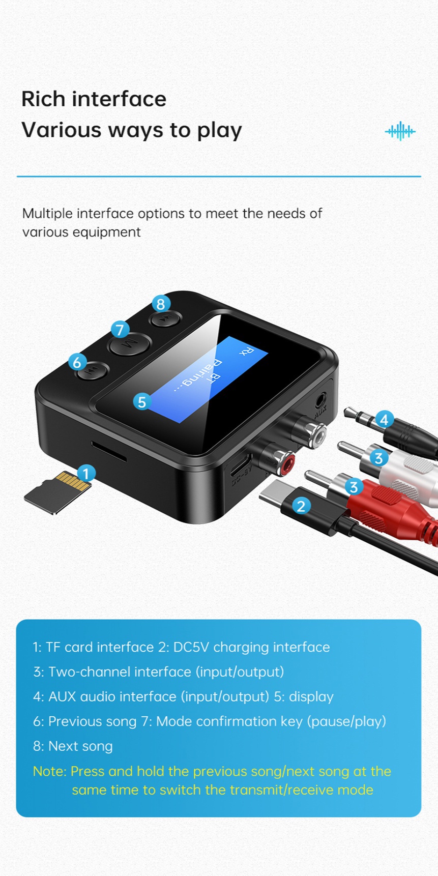 Bluetooth Audio Transmitter Receiver 3.5MM AUX R/L RCA TF With LCD ...