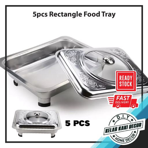 SET 5pcs Silver Rectangle Buffet Food Tray Stainless Steel With Cover ...