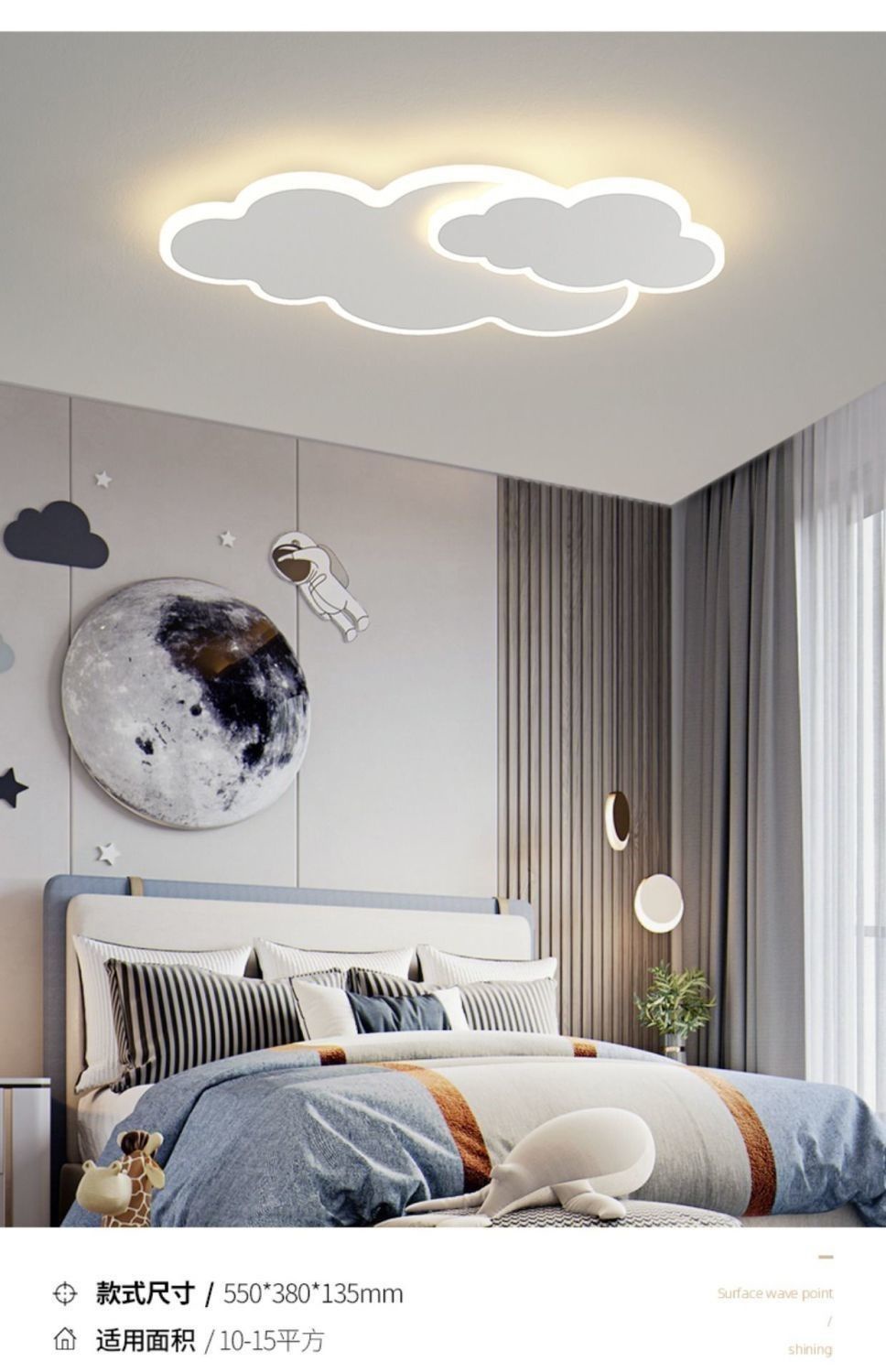 LED Children's Room Ceiling Light Dimmable With Remote Control Children's Ceiling Lamp Astronaut Design Ring Chandelier Lunar Boys Girls Bedroom