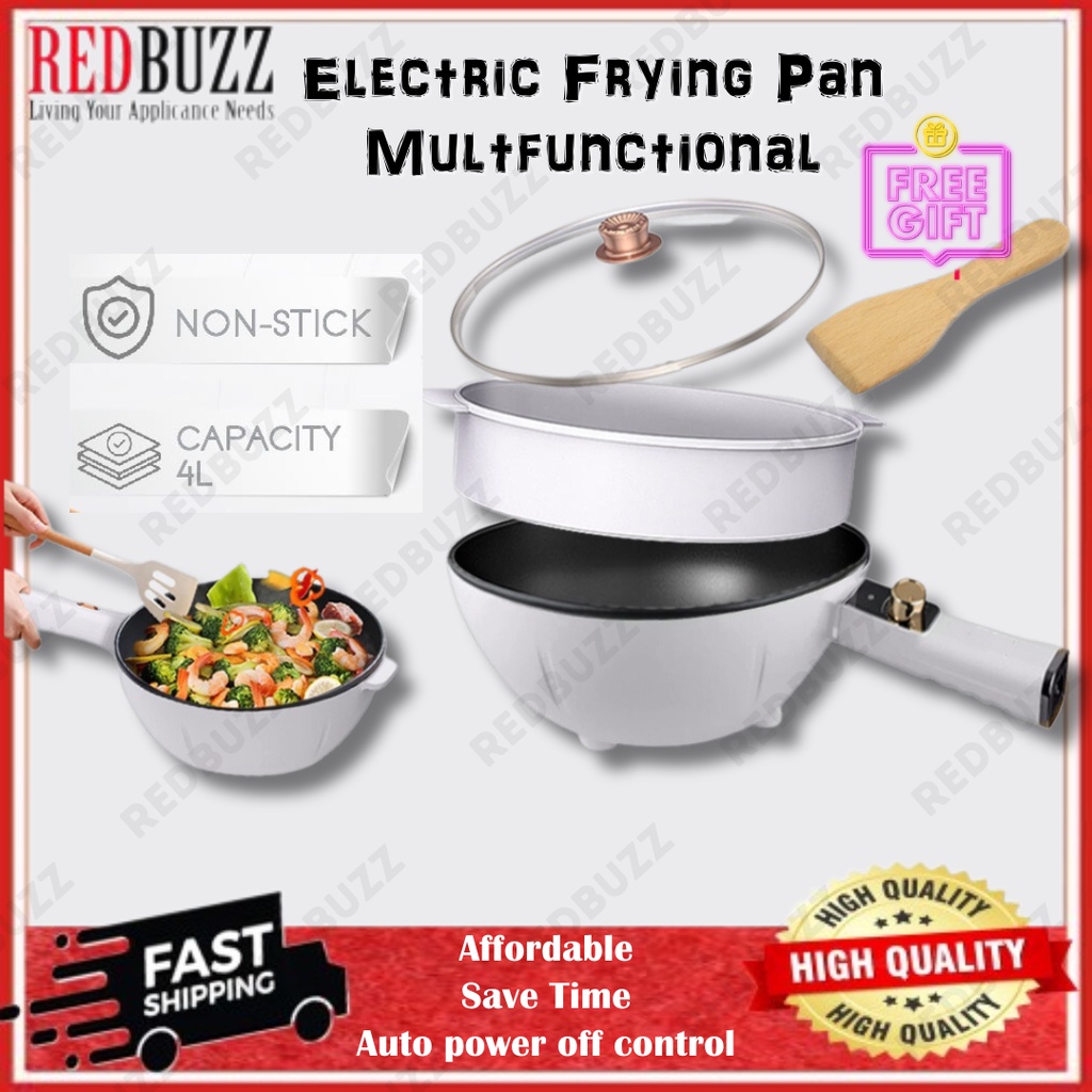 REDBUZZ 4L Electric Frying Pan NonStick Wok With Steamer Frying Pan Electric Cooker Cooking Pot