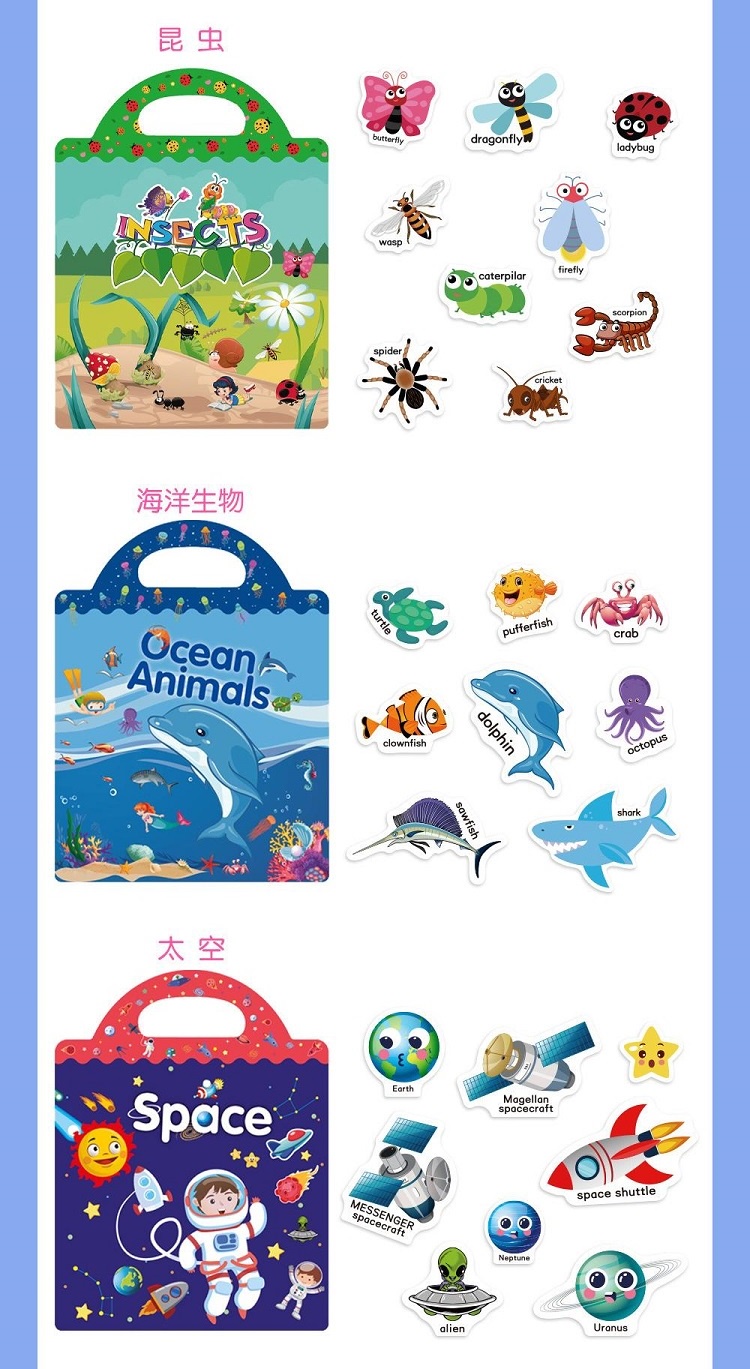 Kids Reusable Static Sticker Book Theme Cartoon Puzzle Early English ...