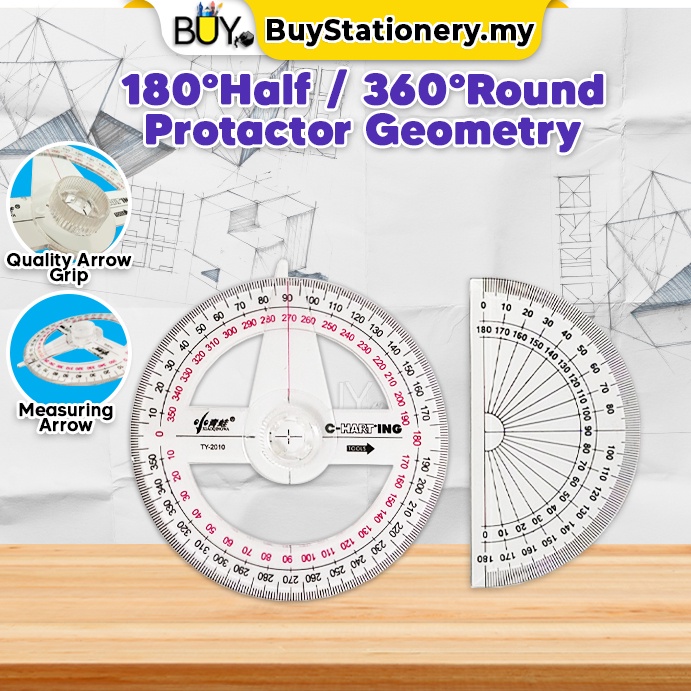 180° Half 360° Round Geometry Protractor Ruler with Measuring Arrow ...