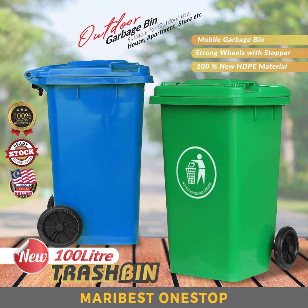 100L Trash Bin Outdoor Dustbin with Wheel Lid Tong Sampah Hijau Luar
