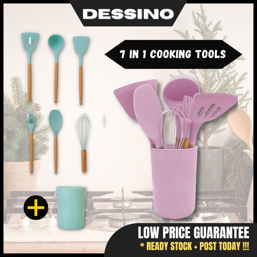 DESSINO 7 in 1 Cooking Tools Kitchen Cookware Set Silicone Utensil Spatula Utensils senduk
