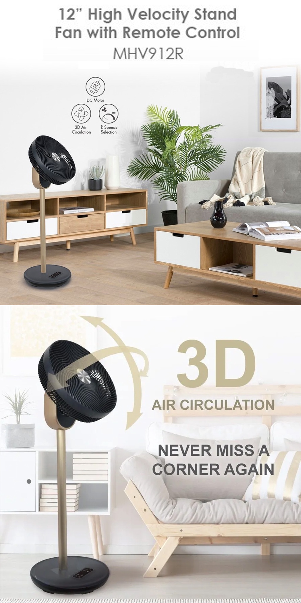 Mistral MHV912R Silent Stand Fan DC Motor High Velocity Stand Fan With