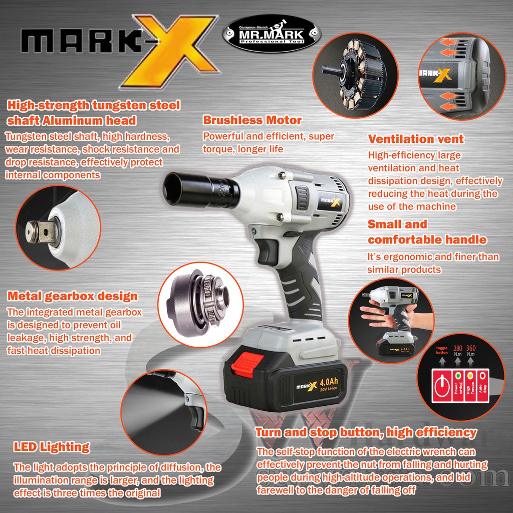MR MARK MARK-X 20V BRUSHLESS IMPACT WRENCH 360Nm Torque F.O.C 5x Socket ...